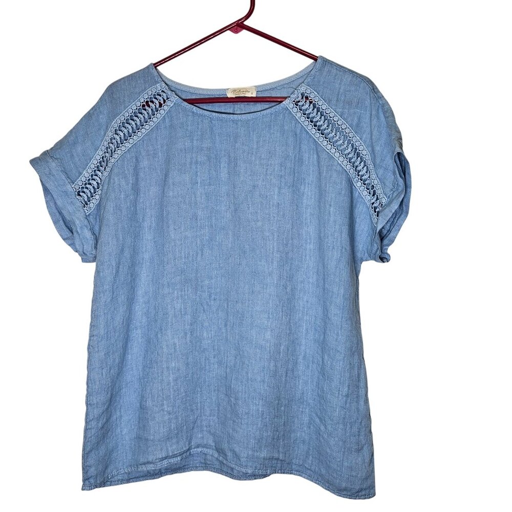 Bellambra Blue Linen Cotton Crochet Accent Top Made In Italy S Boxy Lagenlook